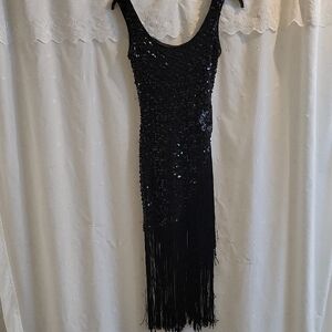 Black Sequin Sleeveless Midi Flapper Dress